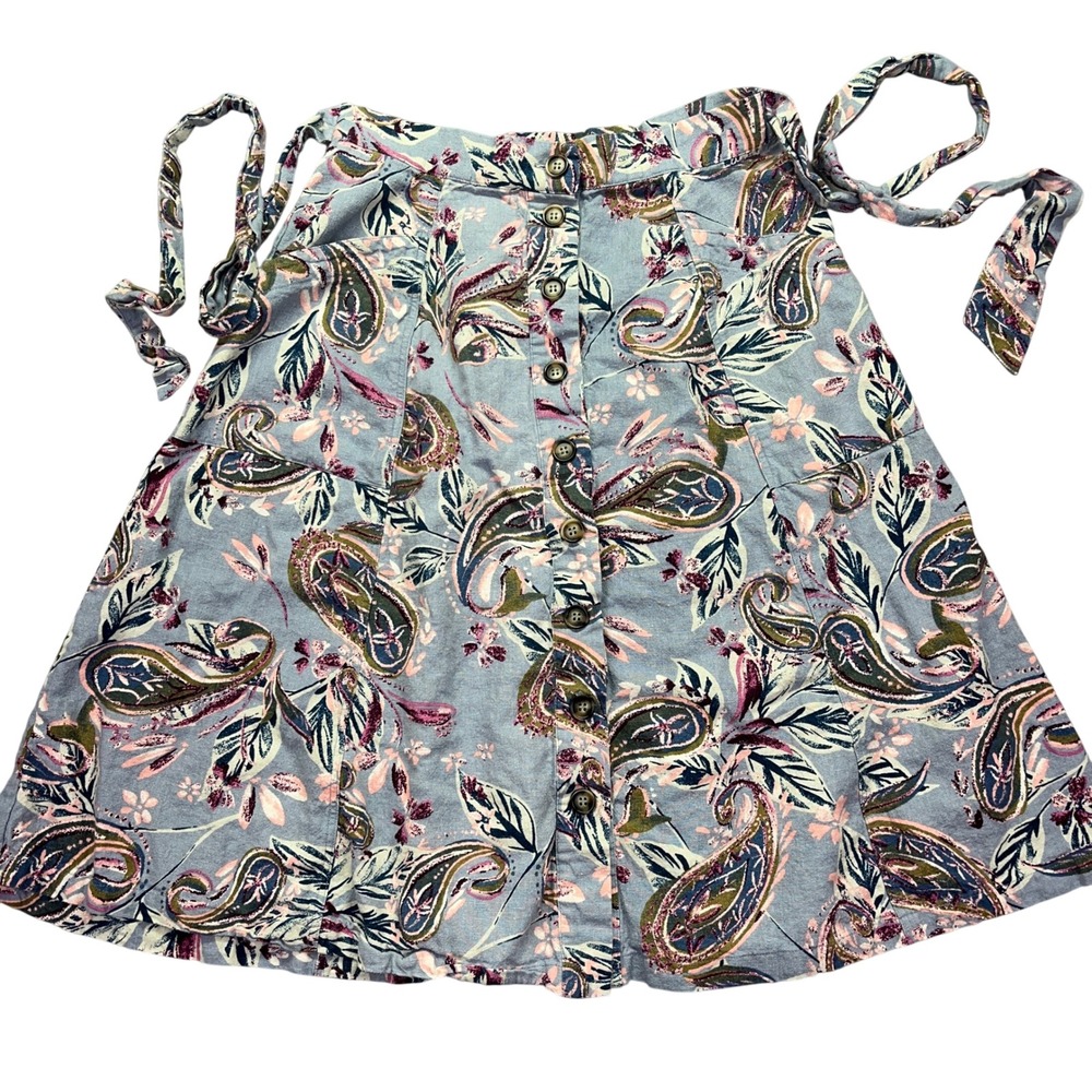 Mystree Floral Paisley Skirt Button Front‎ Tie Waist A-Line Mini Skirt Boho Chic